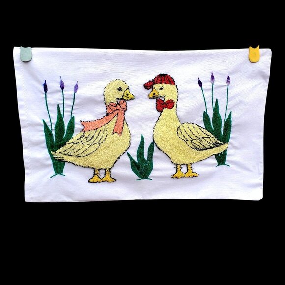 Handmade Other - Punch Needle Embroidered Pillowcase Duck Mr and Mrs 26 x 15 Inch Boho Decor